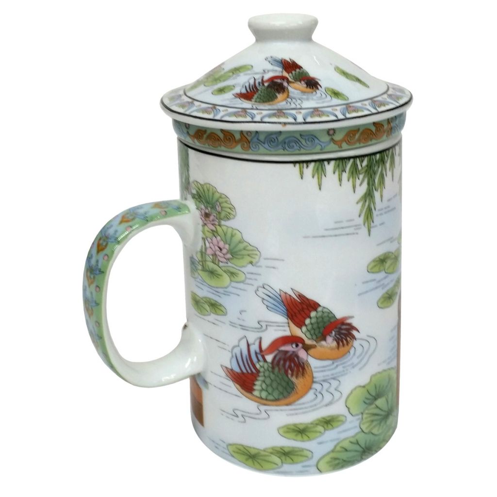 Porcelain Chinese Tea Mug with Infuser and Lid - Ladies in Garden Pattern