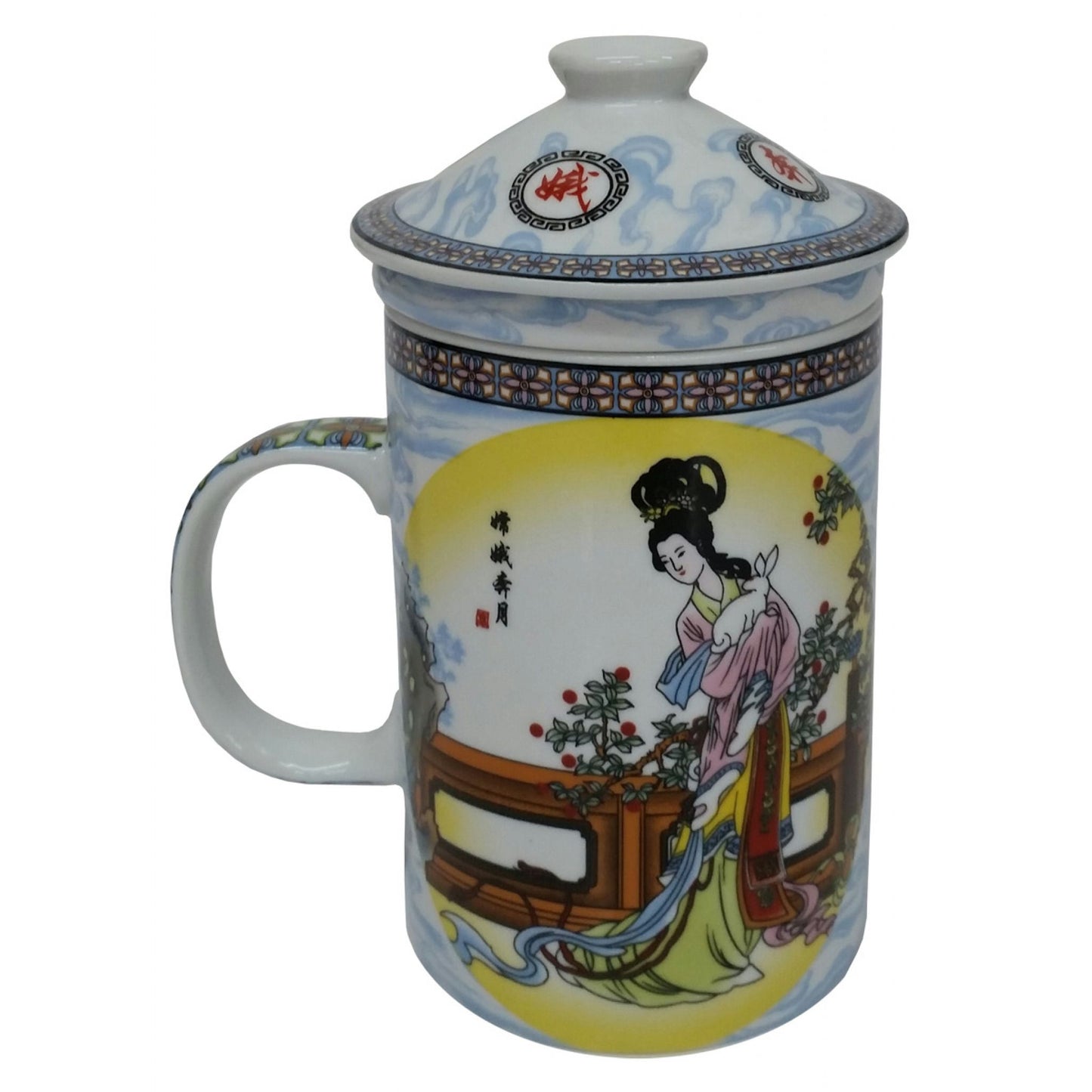 Porcelain Chinese Tea Mug with Infuser and Lid - Chang He Pattern
