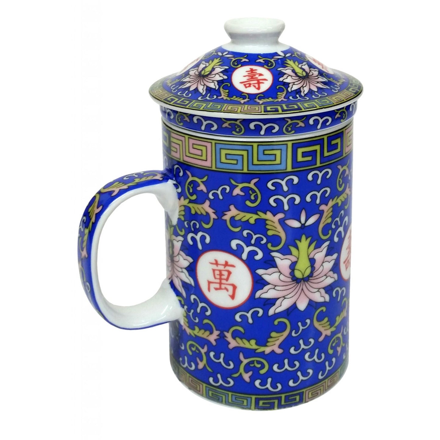 Porcelain Chinese Tea Mug with Infuser and Lid - Blue Longevity Pattern