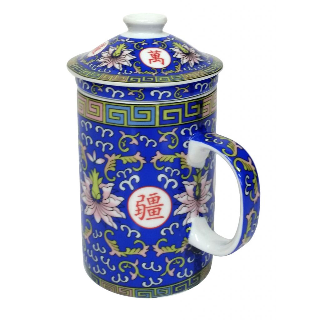Porcelain Chinese Tea Mug with Infuser and Lid - Blue Longevity Pattern