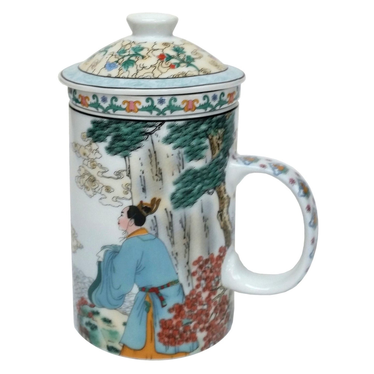 Porcelain Chinese Tea Mug with Infuser and Lid - Tian Xian Pei Pattern