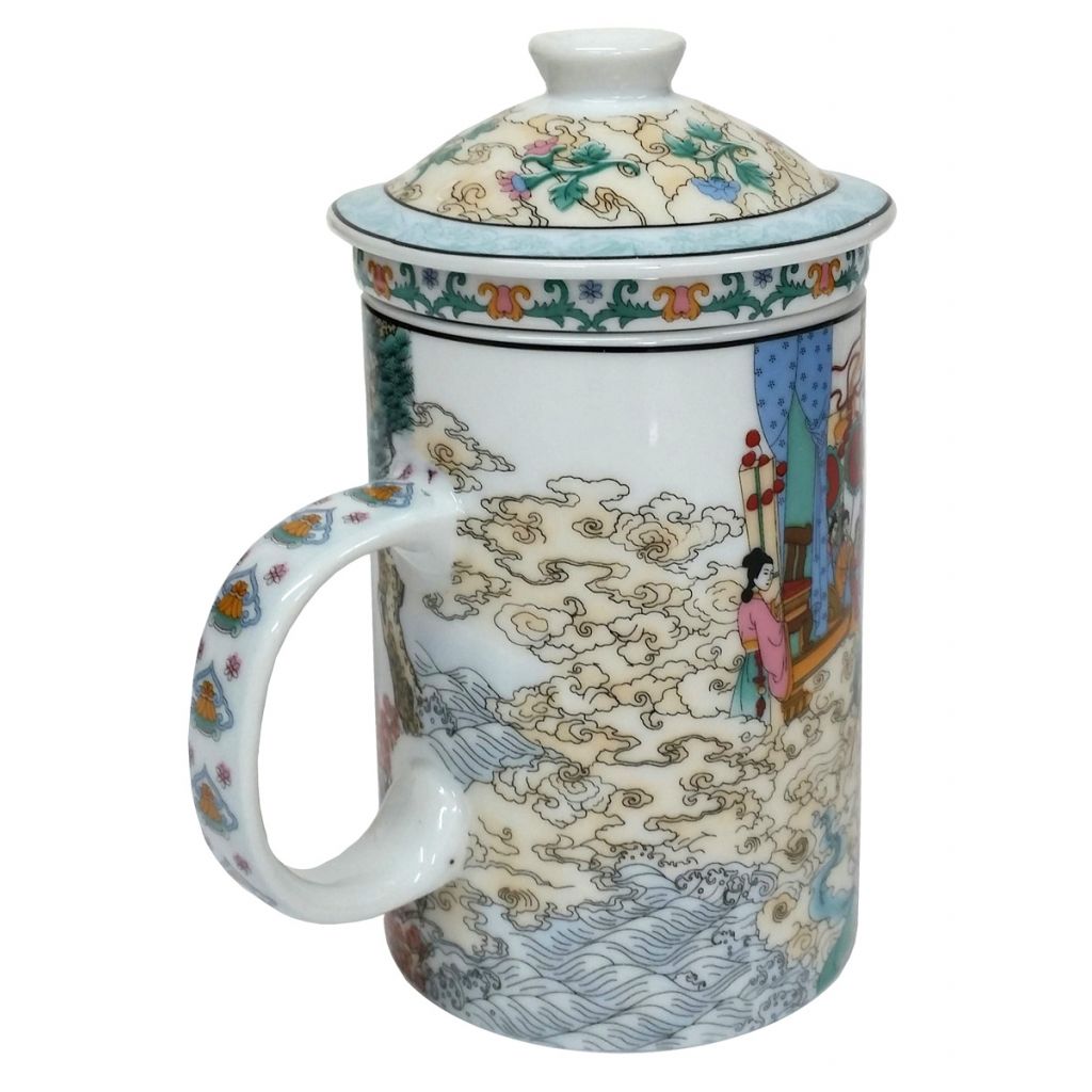 Porcelain Chinese Tea Mug with Infuser and Lid - Tian Xian Pei Pattern