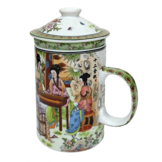 Porcelain Chinese Tea Mug with Infuser and Lid - Garden Ladies Pattern