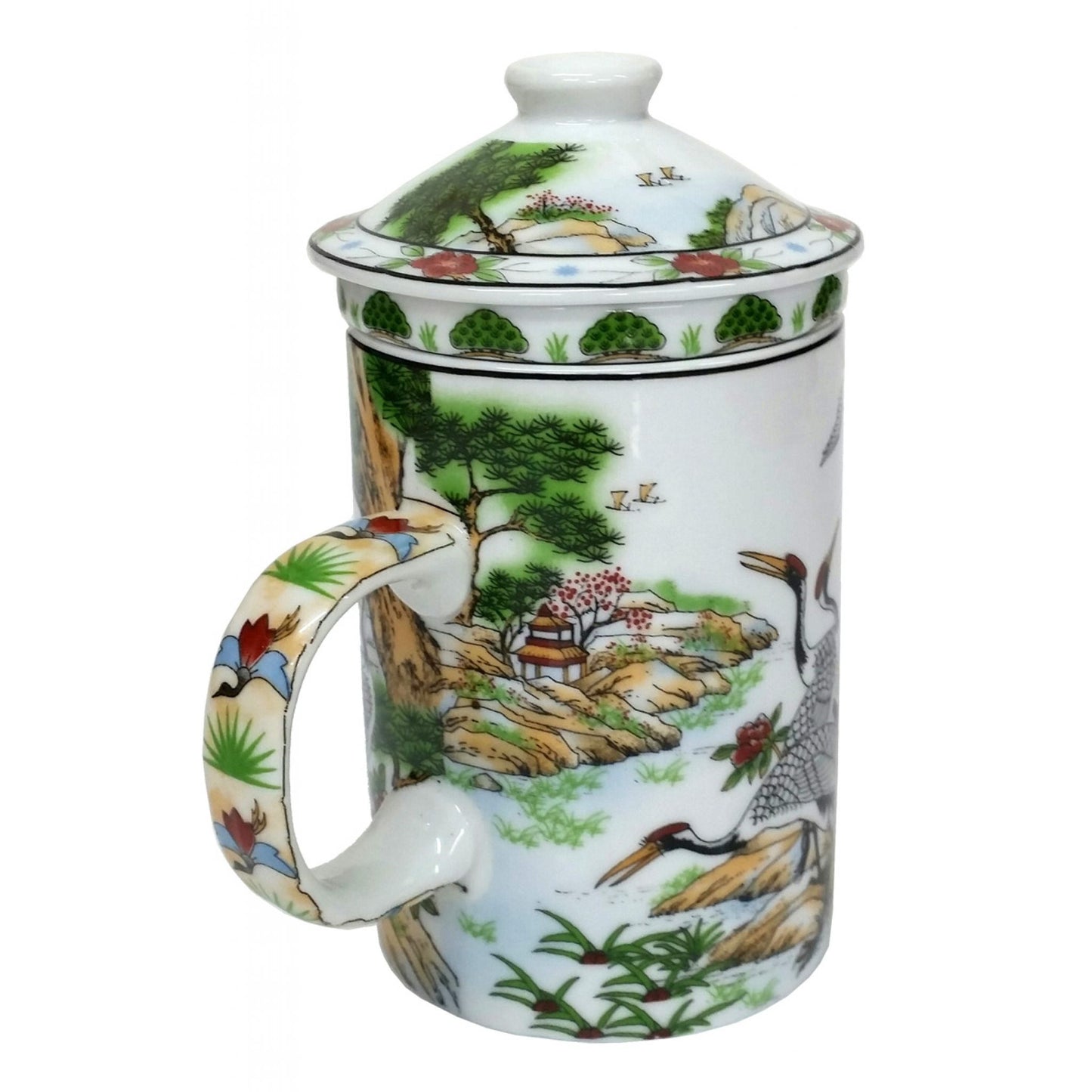 Porcelain Chinese Tea Mug with Infuser and Lid - Dancing Cranes Pattern