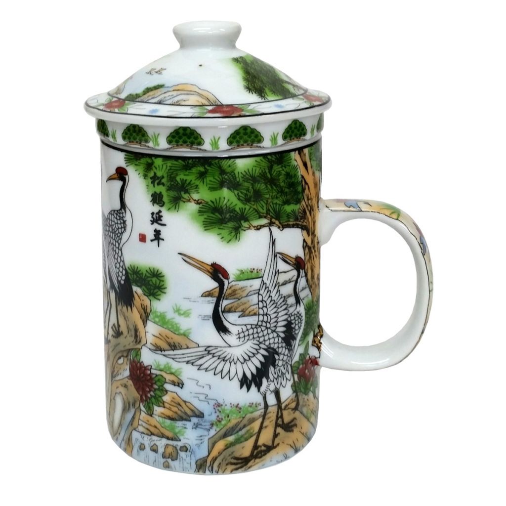 Porcelain Chinese Tea Mug with Infuser and Lid - Dancing Cranes Pattern