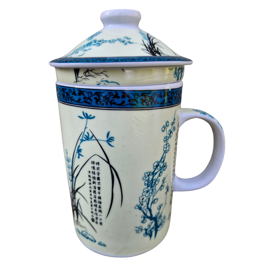 Porcelain Chinese Tea Mug with Infuser and Lid - Poetry Characters Pattern