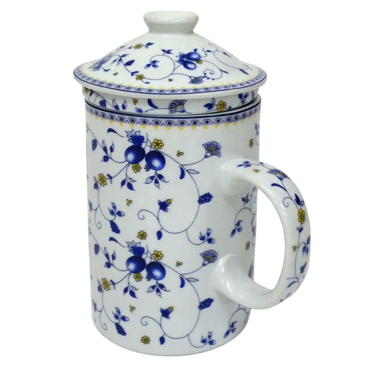 Porcelain Chinese Tea Mug with Infuser and Lid - Fruit Vine Pattern