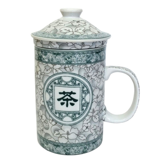 Porcelain Chinese Tea Mug with Infuser and Lid - Jasmine Blossom Pattern