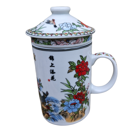 Porcelain Chinese Tea Mug with Infuser and Lid - Peacocks Pattern #2