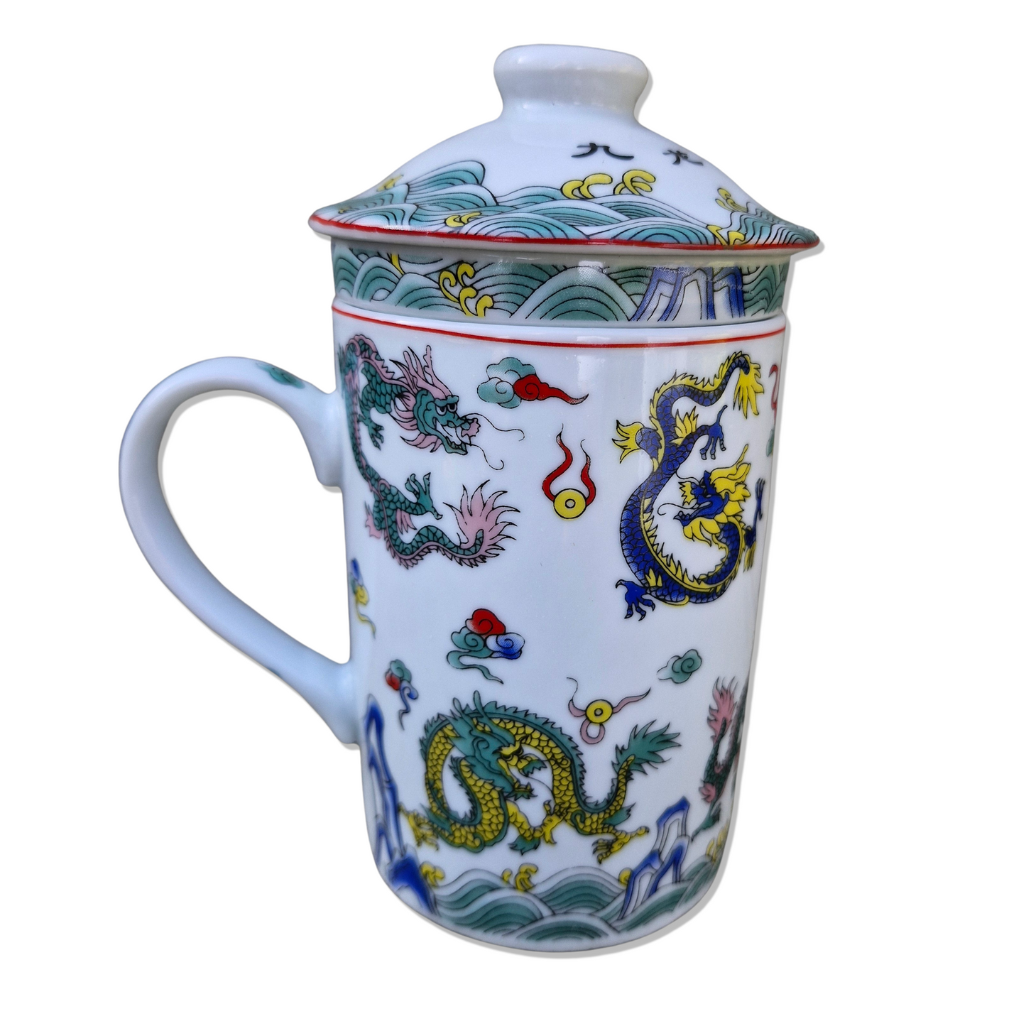 Porcelain Chinese Tea Mug with Infuser and Lid - Eight Dragons Pattern
