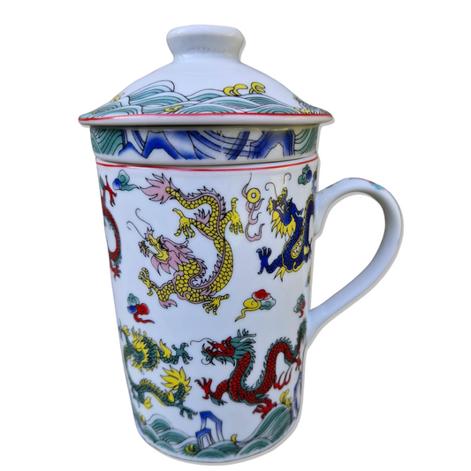 Porcelain Chinese Tea Mug with Infuser and Lid - Eight Dragons Pattern