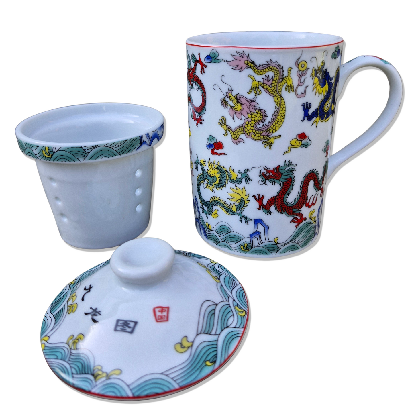 Porcelain Chinese Tea Mug with Infuser and Lid - Eight Dragons Pattern
