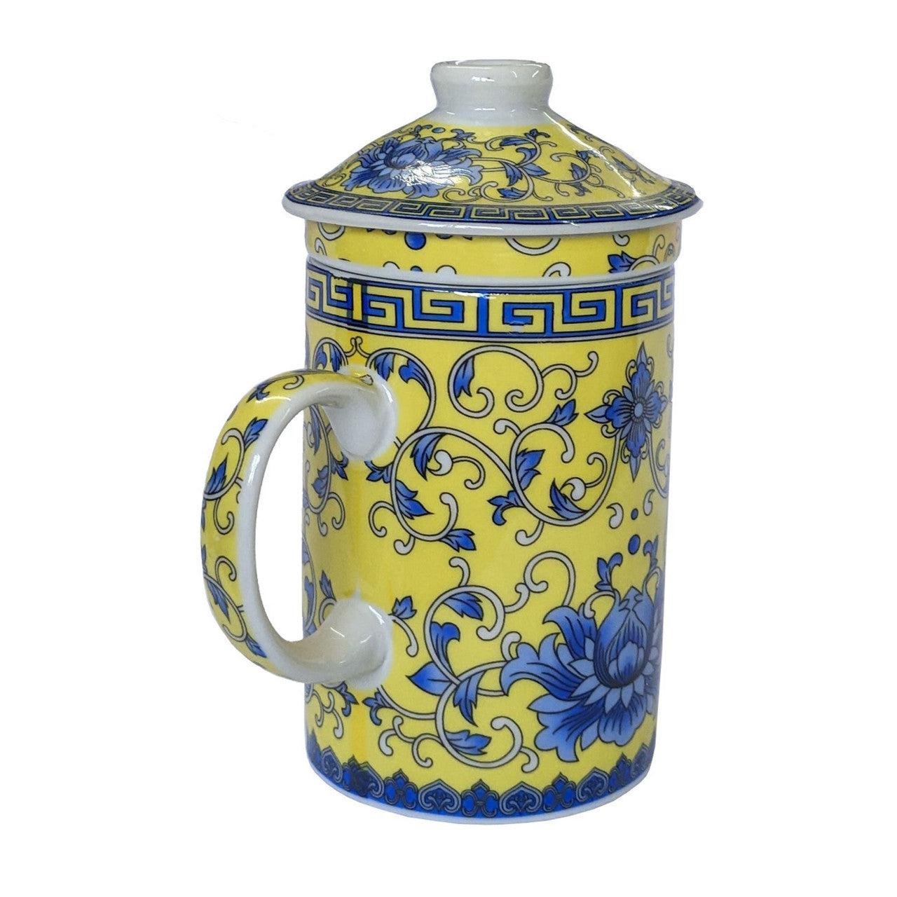 Porcelain Chinese Tea Mug with Infuser and Lid - Golden Floral Pattern
