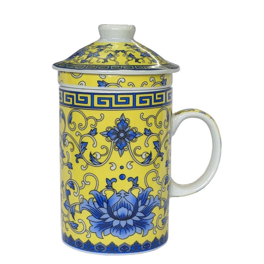 Porcelain Chinese Tea Mug with Infuser and Lid - Golden Floral Pattern