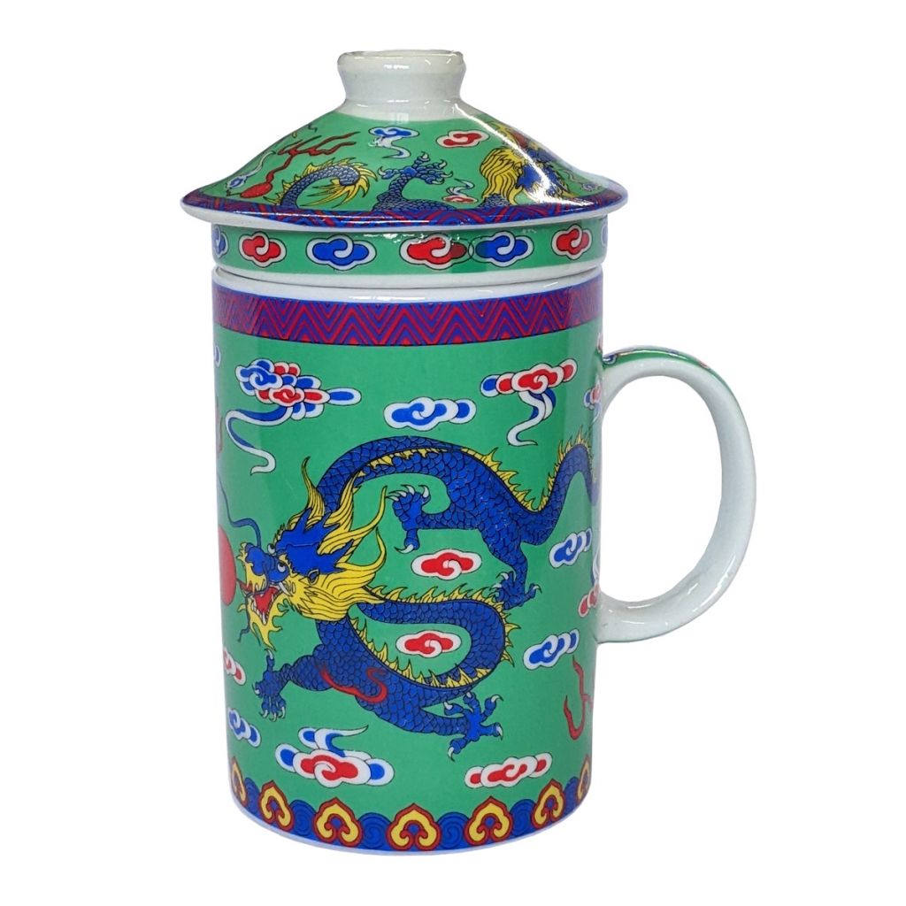 Porcelain Chinese Tea Mug with Infuser and Lid - Green Dragon Pattern