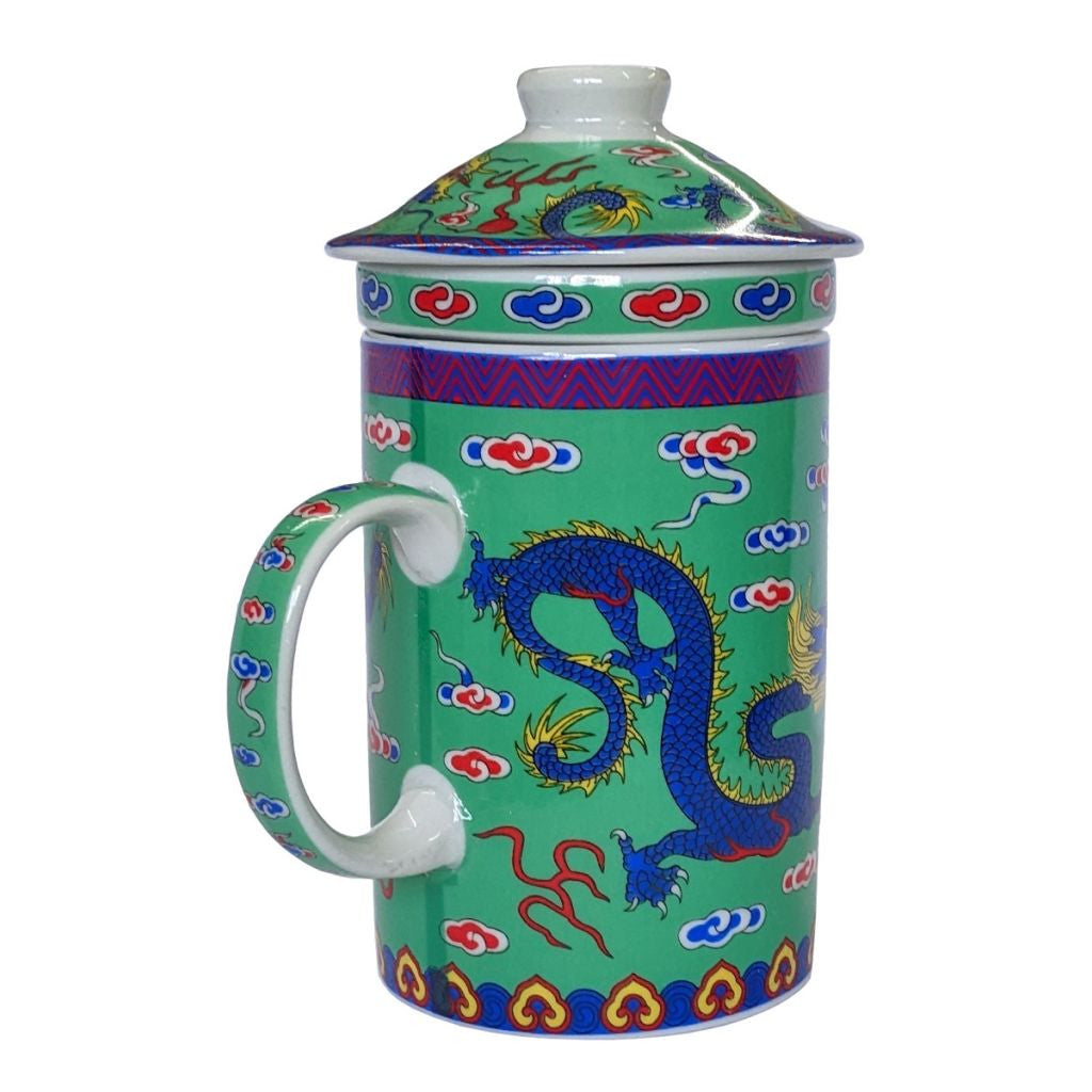 Porcelain Chinese Tea Mug with Infuser and Lid - Green Dragon Pattern