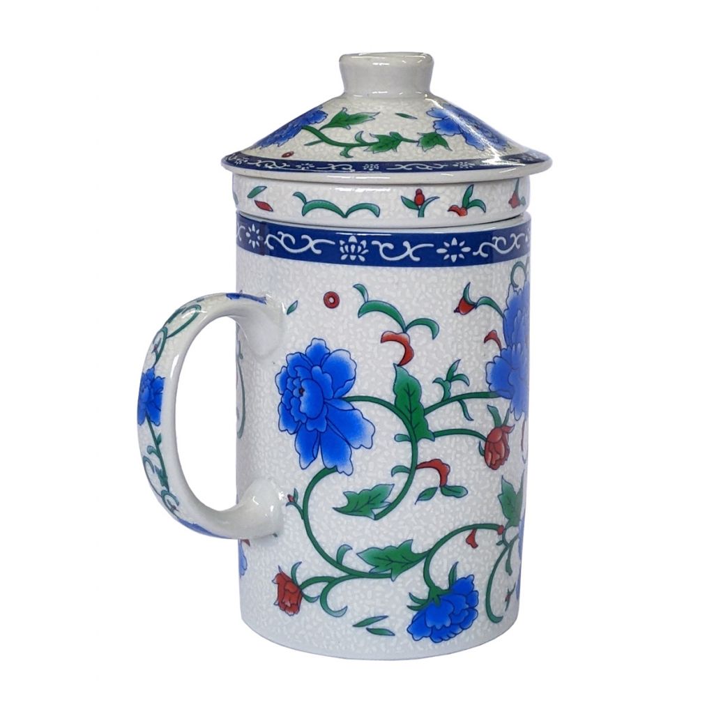 Porcelain Chinese Tea Mug with Infuser and Lid - Blue Peony Pattern