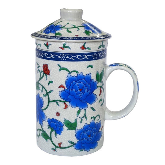 Porcelain Chinese Tea Mug with Infuser and Lid - Blue Peony Pattern