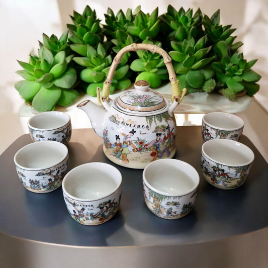 Chinese Tea Set  - Traditional Garden Games Pattern - 6 Small Cups - Gift Box