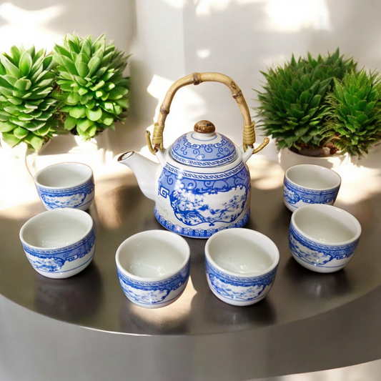 Chinese Tea Set - Blue and White - Birds and Blossom Pattern - 6 Small Cups - Gift Box