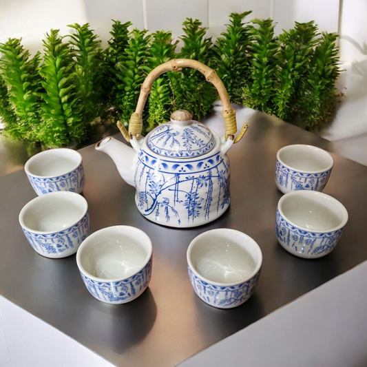 Chinese Tea Set - Blue and White - Wisteria Pattern - 6 Small Cups - Gift Box