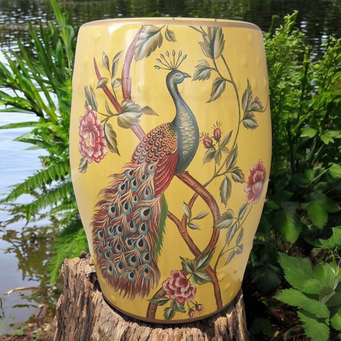 Chinese Ceramic Garden Stool / Plant Stand - Peacocks and Peonies Pattern