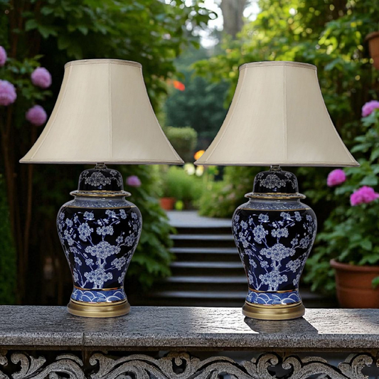 Pair of Chinese Jar Table Lamps with Shades - Blue and White Blossom Pattern - 75cm
