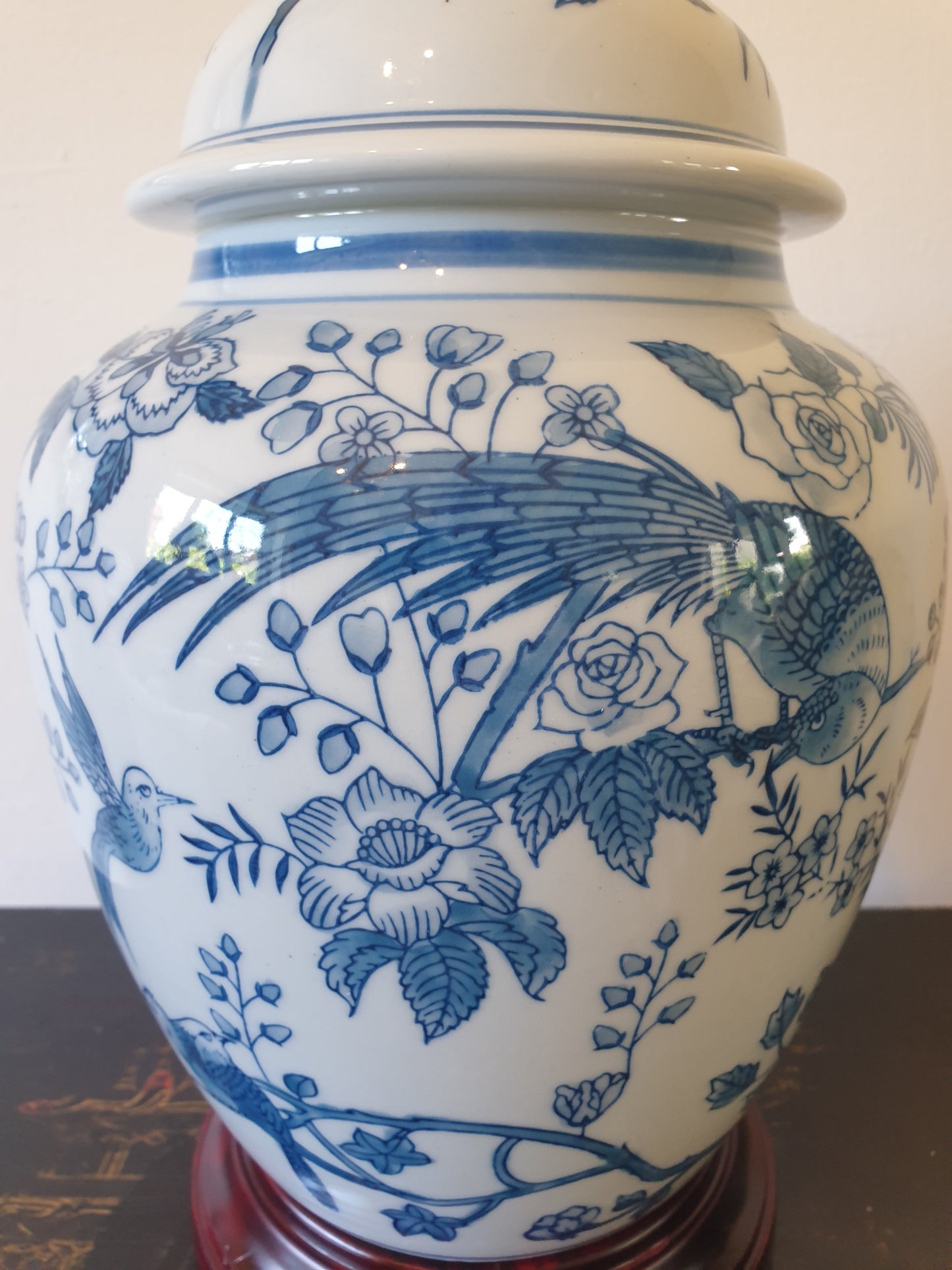 Chinese General Jar Table Lamp with Shade - Blue Tropical Birds - 55cm