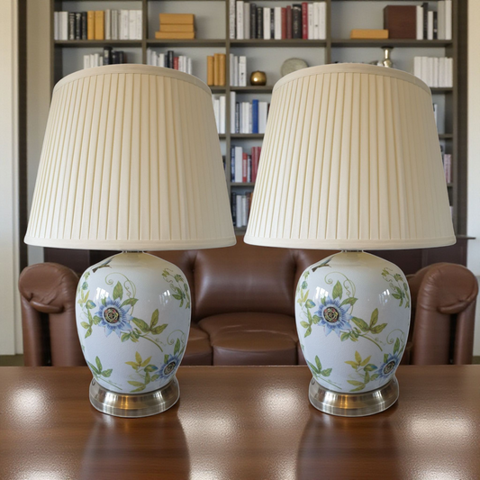 Pair of Chinese Table Lamps - White Passion Flower Pattern with Shades - 52cm