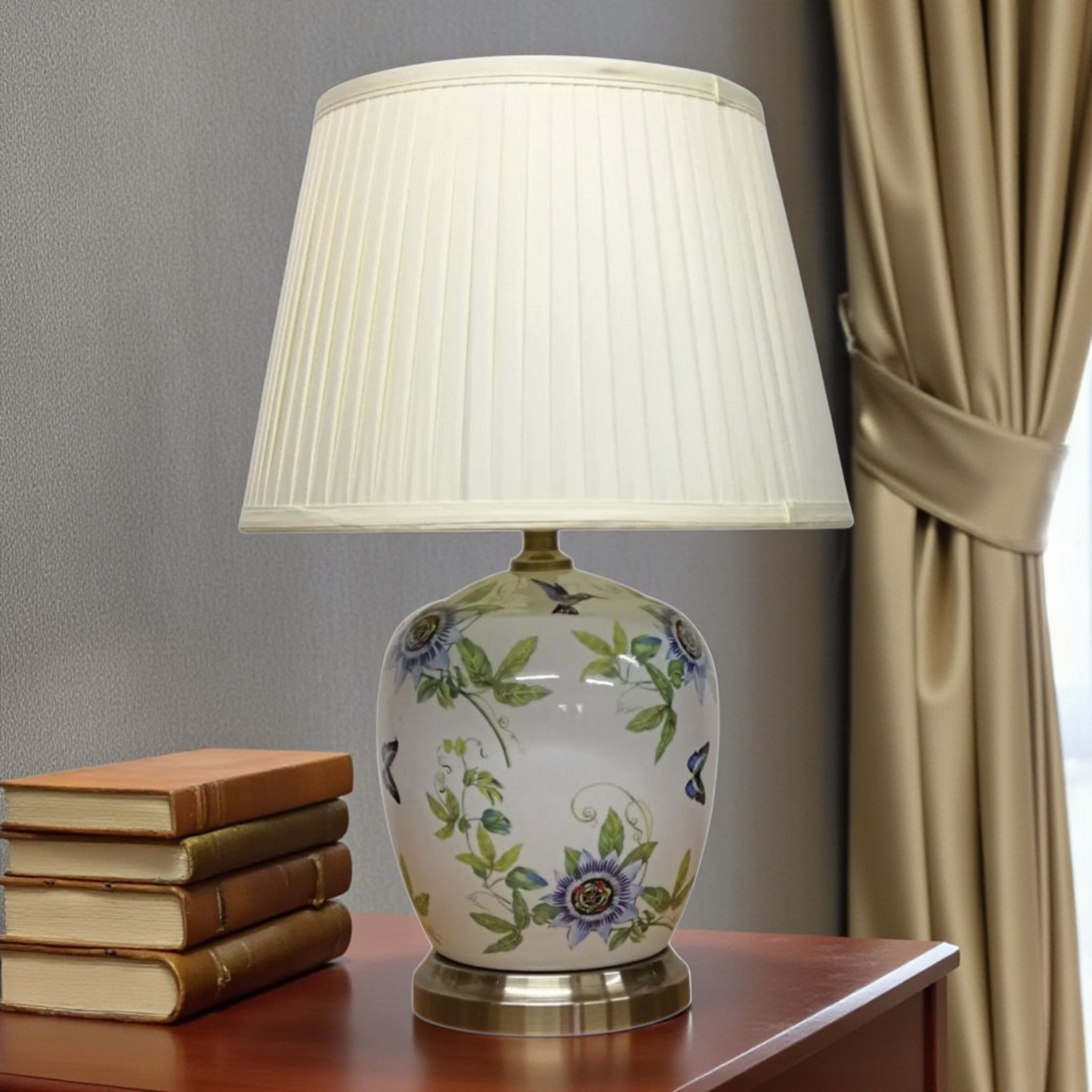 Pair of Chinese Table Lamps - White Passion Flower Pattern with Shades - 52cm