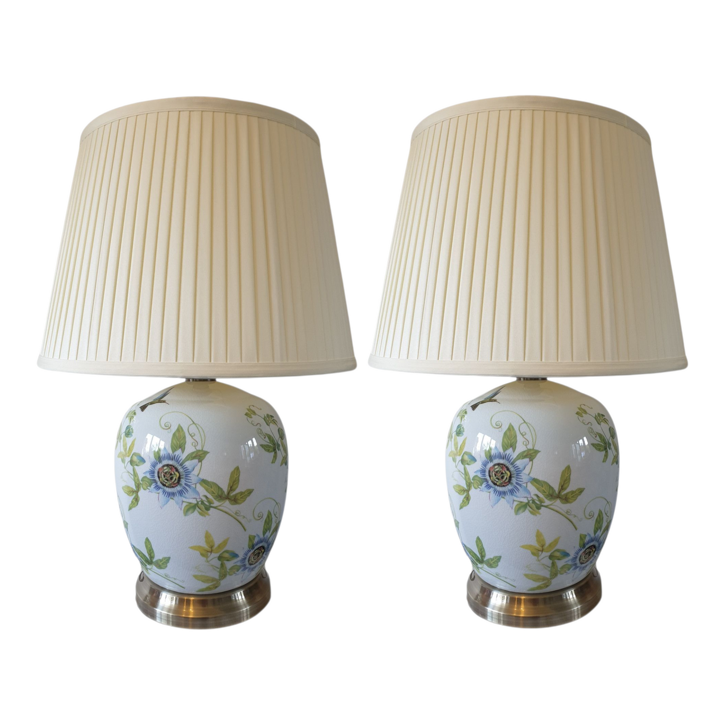 Pair of Chinese Table Lamps - White Passion Flower Pattern with Shades - 52cm
