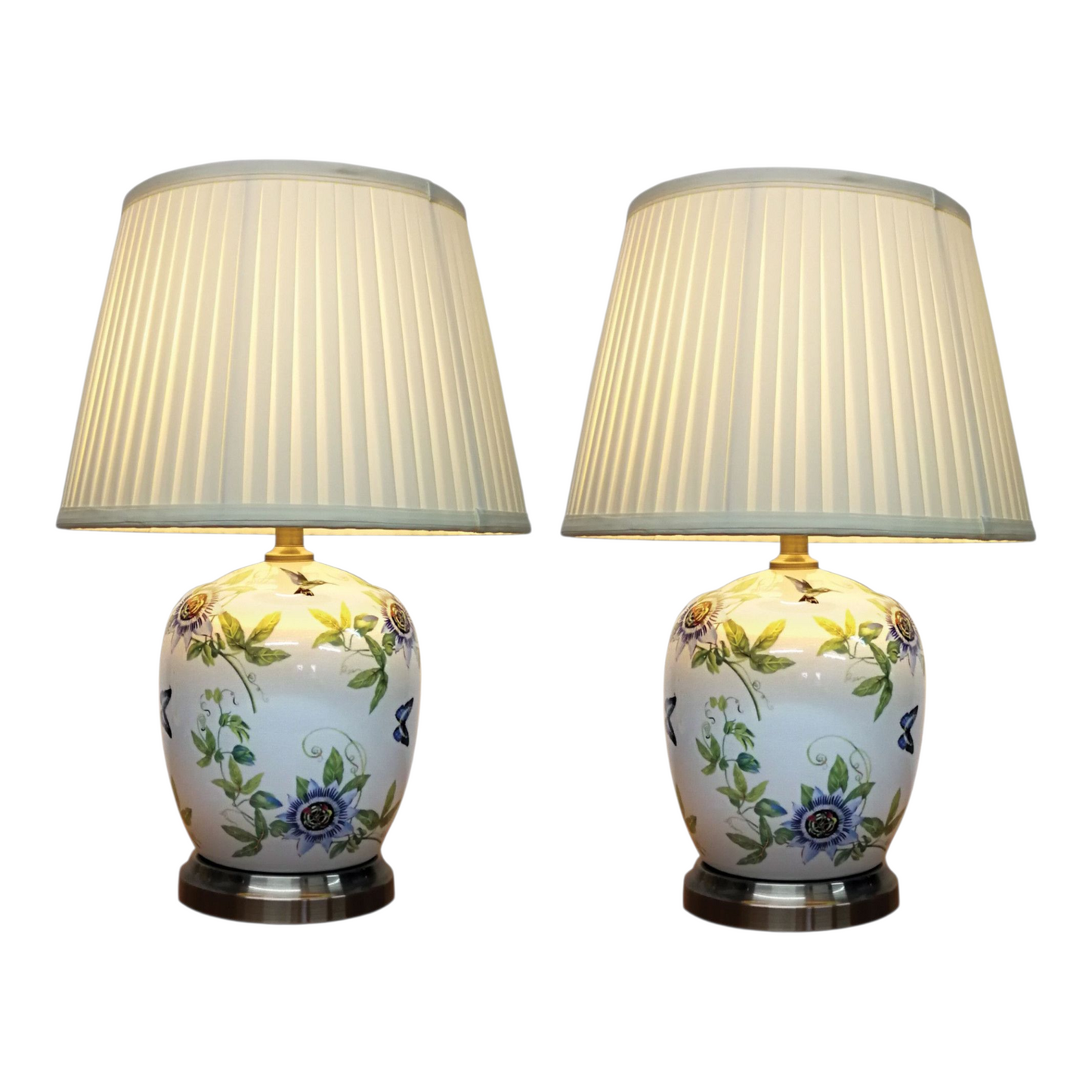 Pair of Chinese Table Lamps - White Passion Flower Pattern with Shades - 52cm