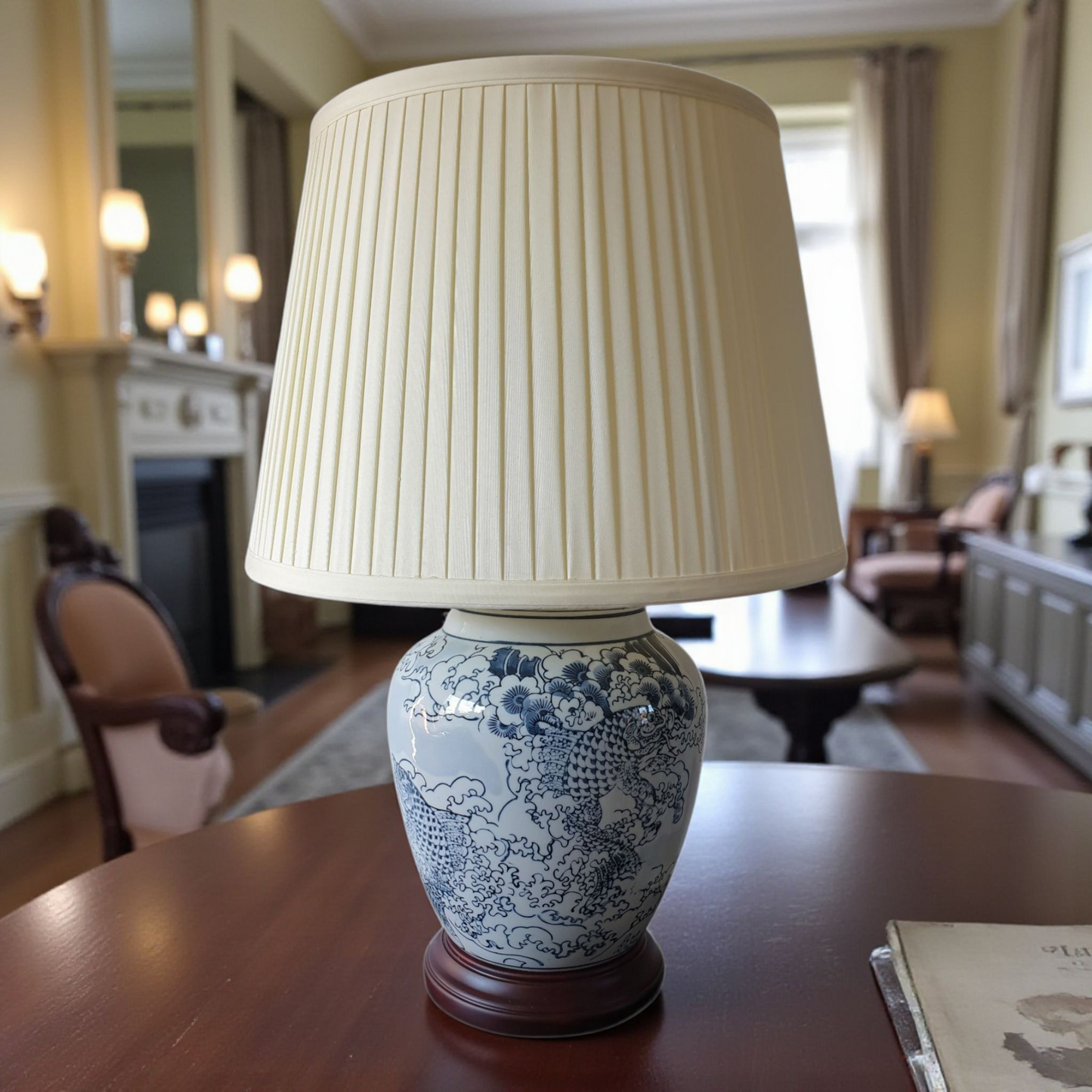 Chinese Table Lamp with Shade - Blue Waves and Fish Pattern - 51cm