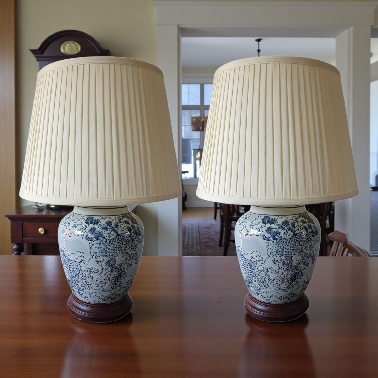 Pair of Chinese Ceramic Table Lamps with Shades - Blue Waves and Fish Pattern - 51cm