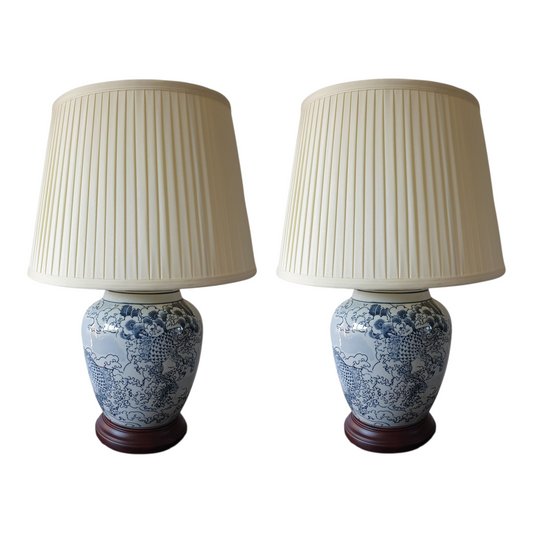 Pair of Chinese Ceramic Table Lamps with Shades - Blue Waves and Fish Pattern - 51cm