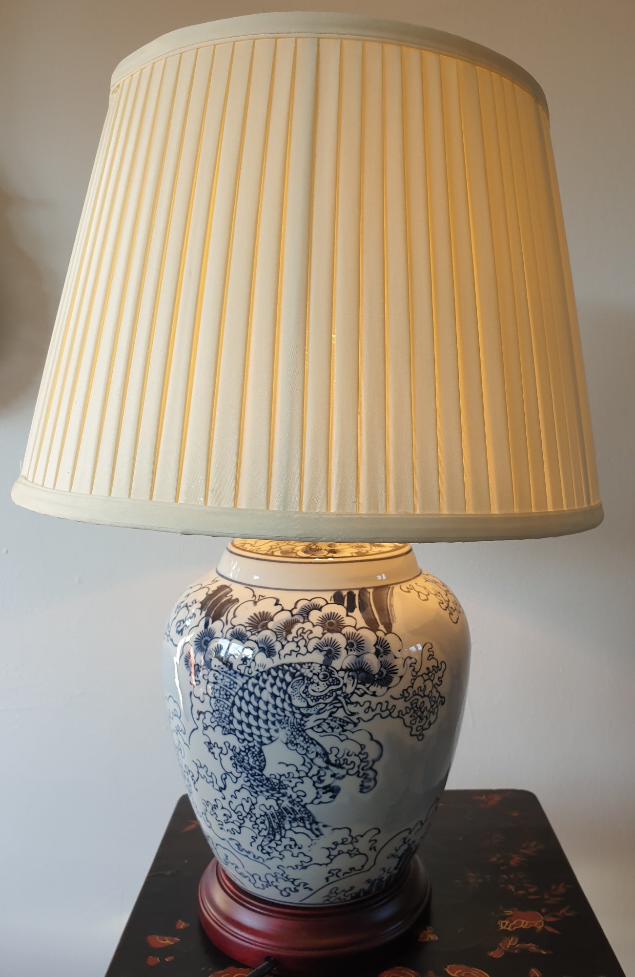 Pair of Chinese Ceramic Table Lamps with Shades - Blue Waves and Fish Pattern - 51cm
