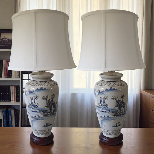 Pair of Chinese Ceramic Vase Lamps with Shades - Ancient Landscape - 69cm (DS)
