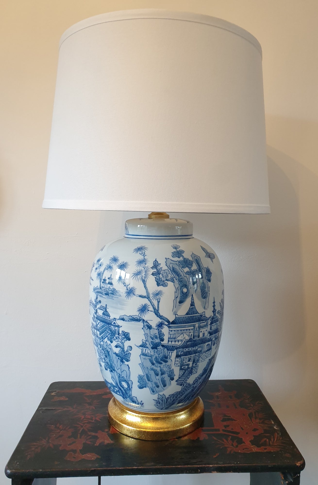 Pair of Chinese Table Lamps With Shades -  Willow Landscape Pattern - 61cm