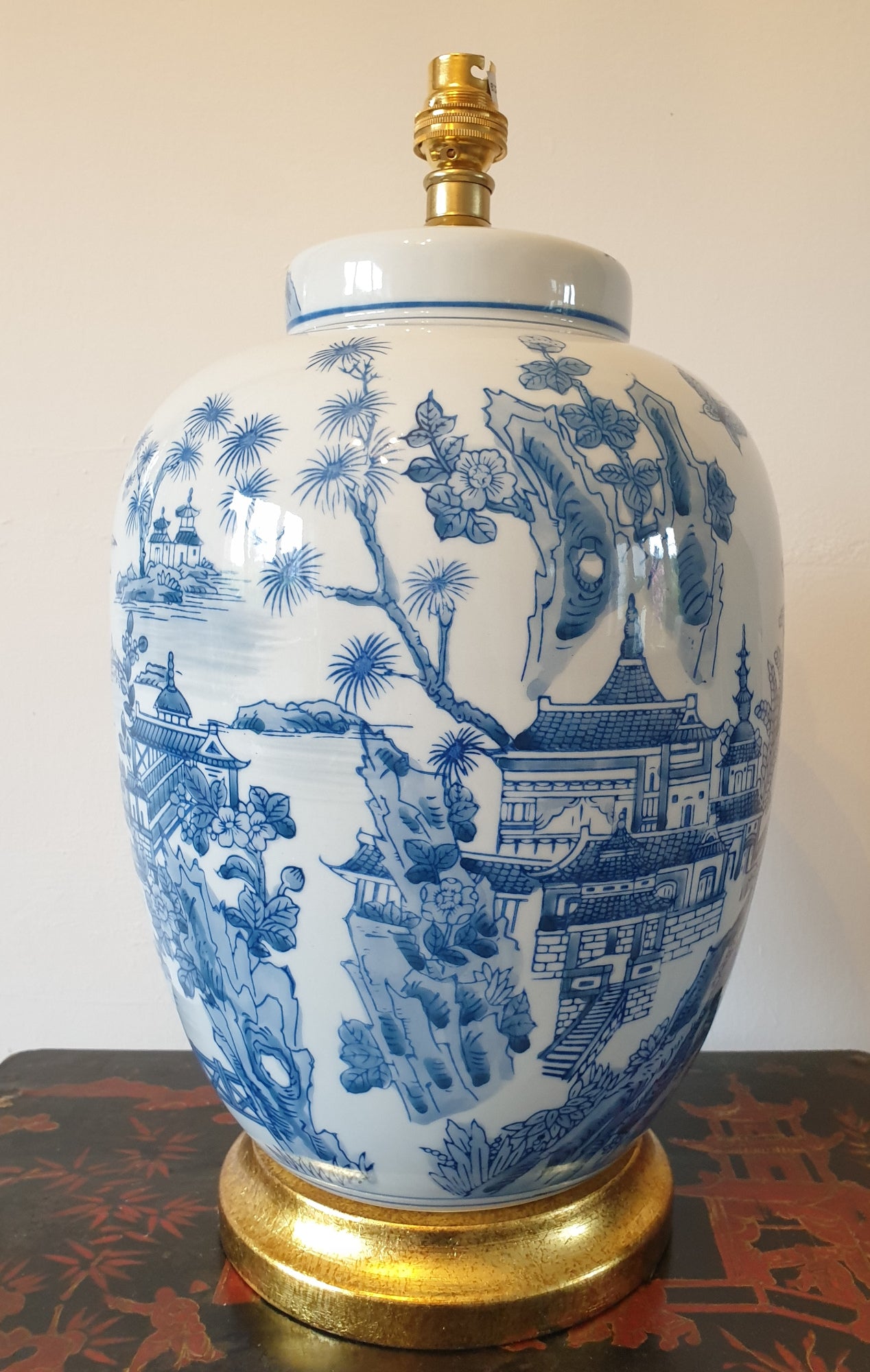 Pair of Chinese Table Lamps With Shades -  Willow Landscape Pattern - 61cm