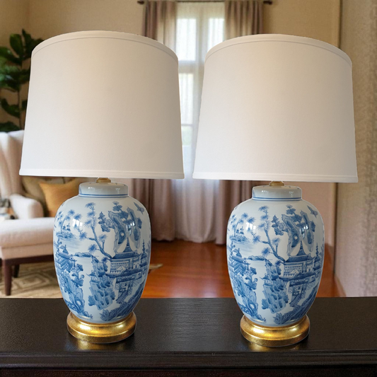Pair of Chinese Table Lamps With Shades -  Willow Landscape Pattern - 61cm