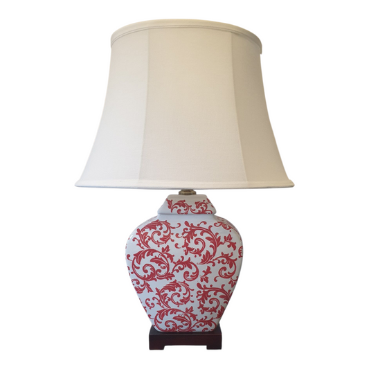 Pair of Chinese Table Lamps with Shades - Red Phoenix Feather Pattern