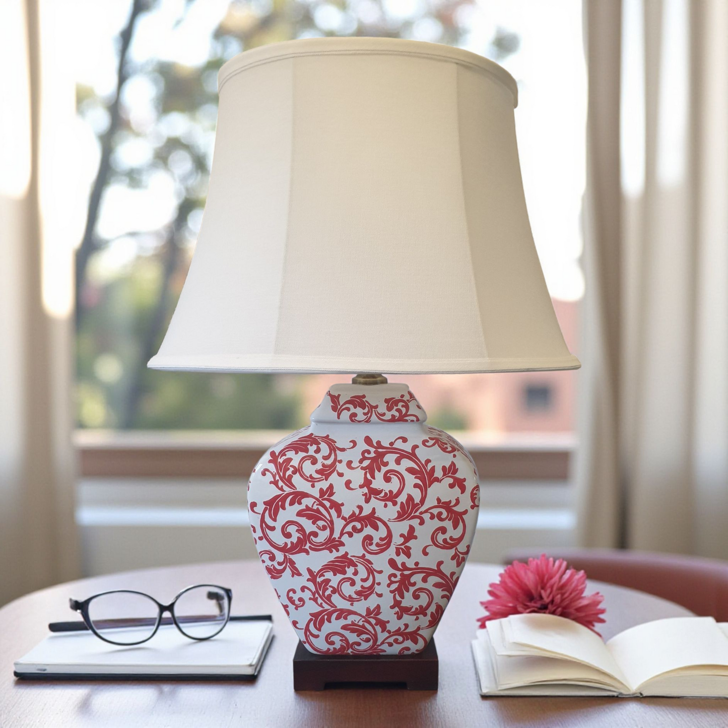 Chinese Table Lamp with Shade - Red Phoenix Feather Pattern