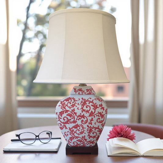 Chinese Table Lamp with Shade - Red Phoenix Feather Pattern