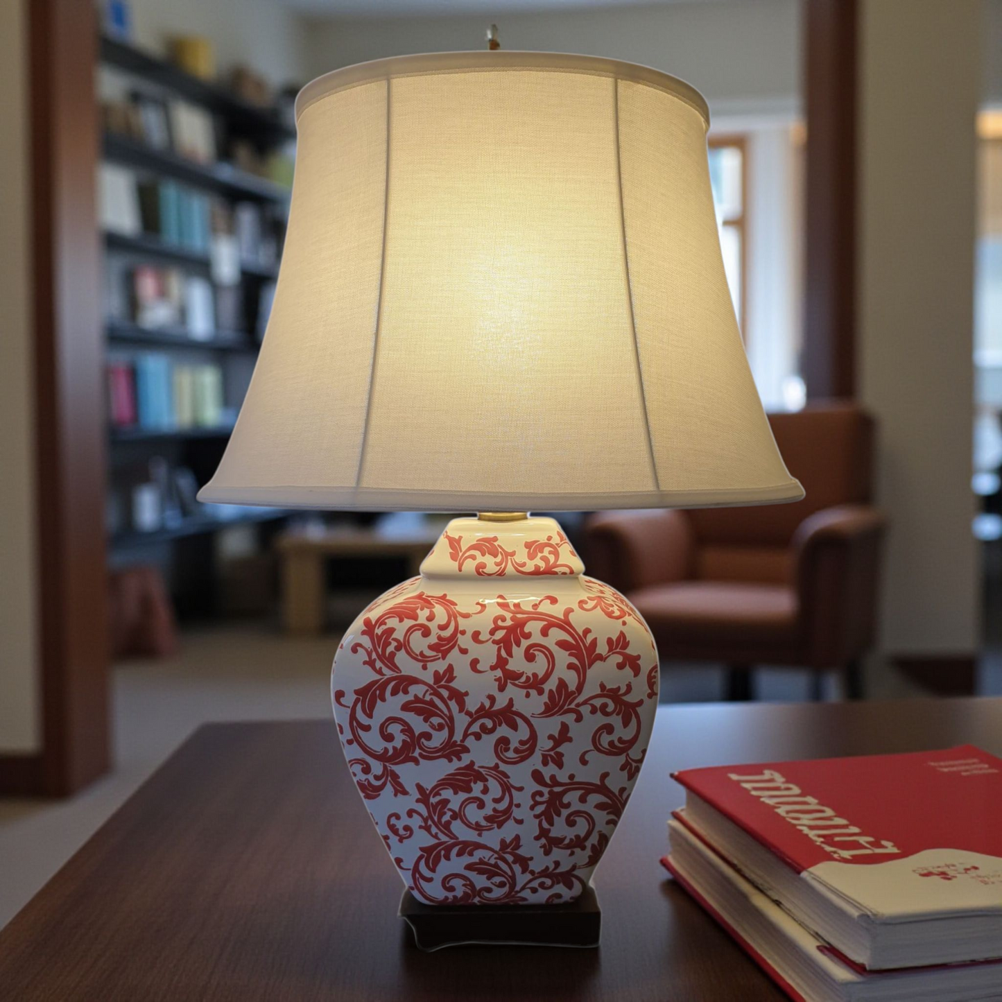 Chinese Table Lamp with Shade - Red Phoenix Feather Pattern