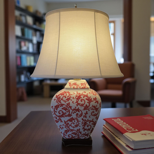Chinese Table Lamp with Shade - Red Phoenix Feather Pattern