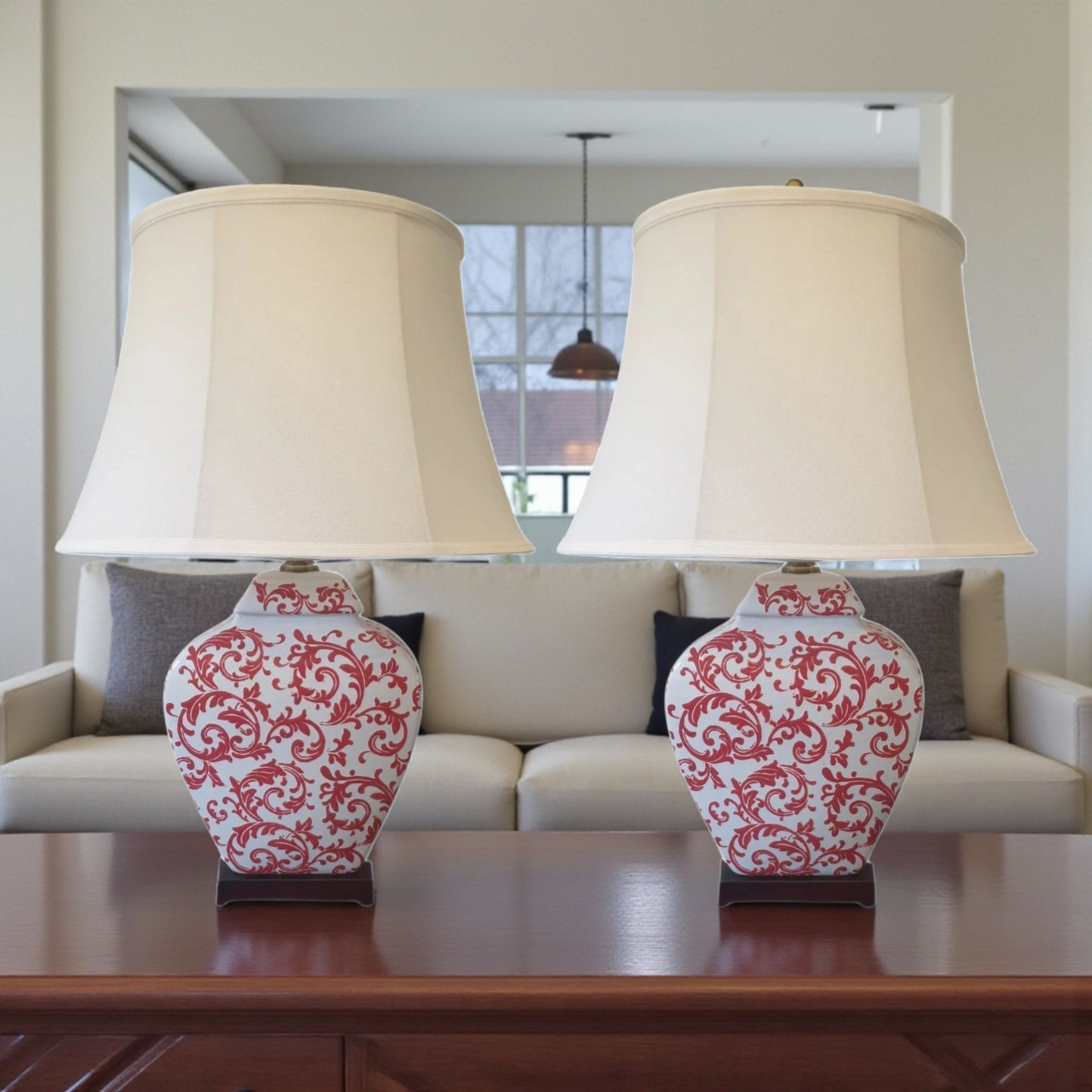 Pair of Chinese Table Lamps with Shades - Red Phoenix Feather Pattern