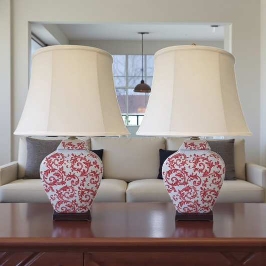 Pair of Chinese Table Lamps with Shades - Red Phoenix Feather Pattern
