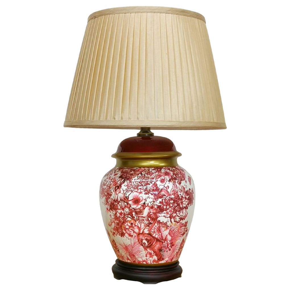 Pair of Chinese Table Lamps with Shades - Red - Exotic Wildlife Pattern - 56cm