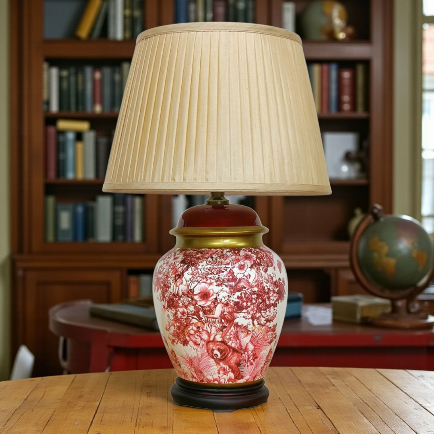Pair of Chinese Table Lamps with Shades - Red - Exotic Wildlife Pattern - 56cm
