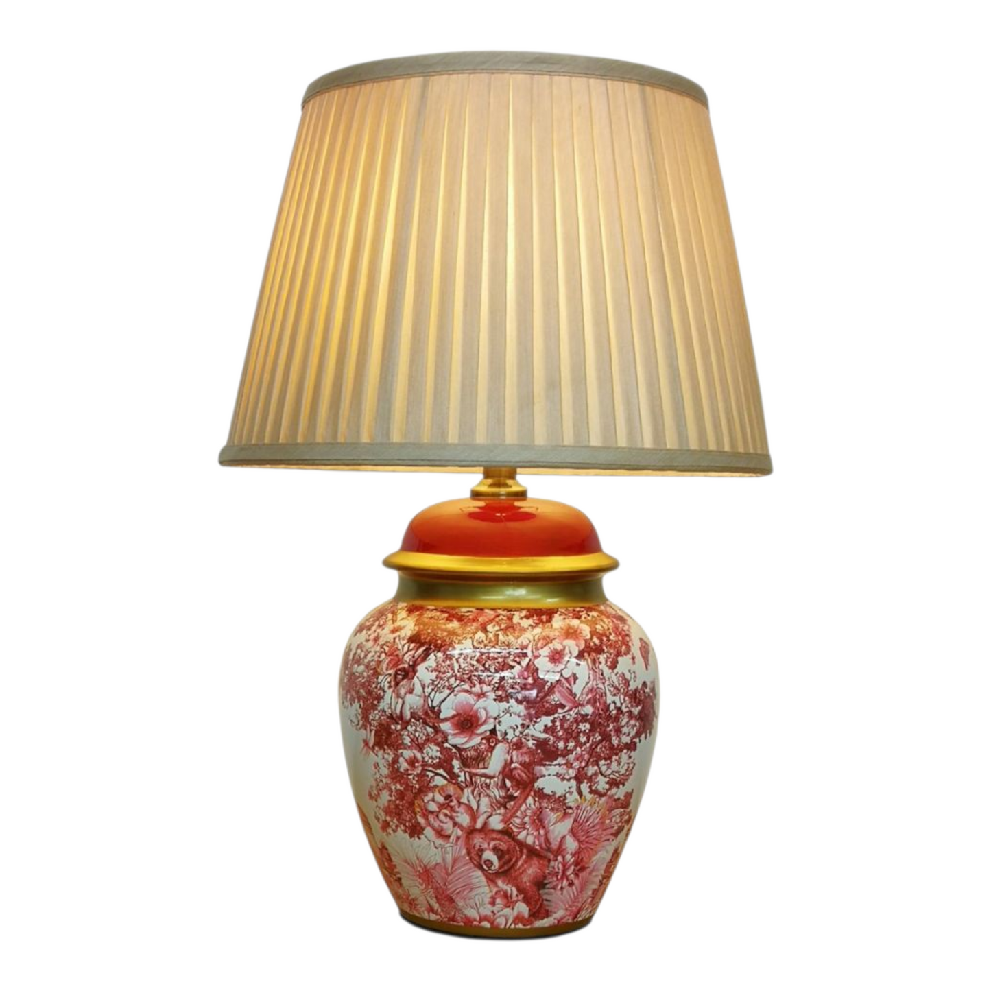Pair of Chinese Table Lamps with Shades - Red - Exotic Wildlife Pattern - 56cm